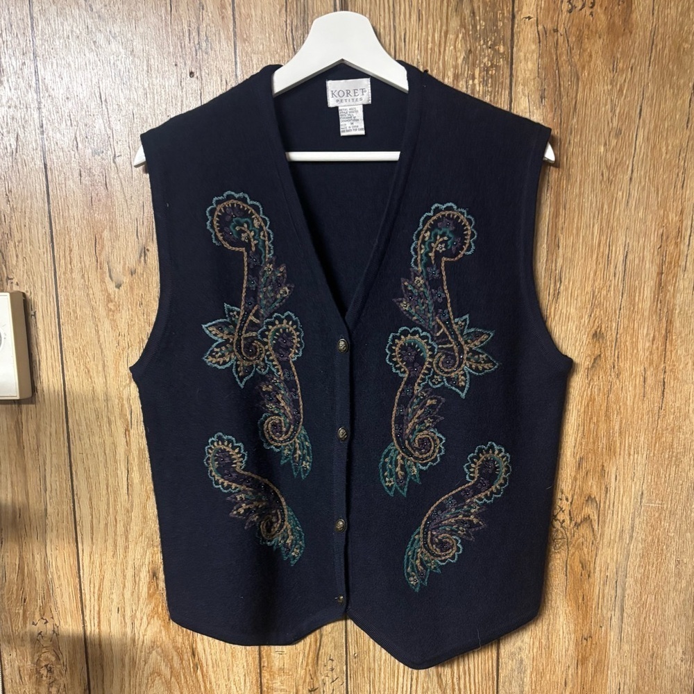 Vintage 90s Koret Dark Blue Vest with Colorful Paisley Embroidery | 100% Wool